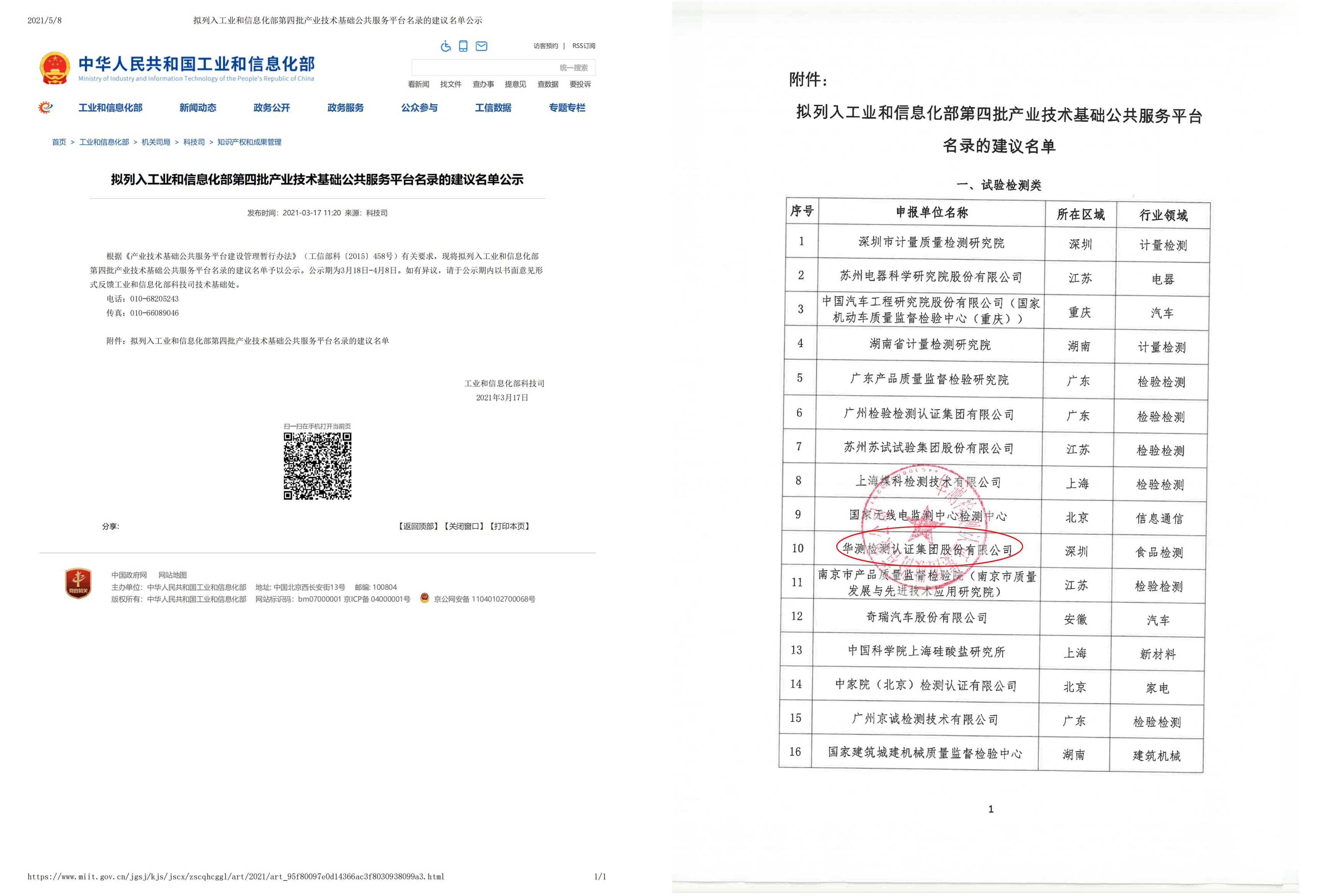 拟列入工业和信息化部第四批产业技术基础公共服务平台名录的建议名单公示