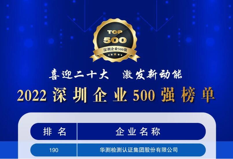 连续5年荣耀上榜丨 CTI华测检测荣登“2022深圳企业500强榜单”