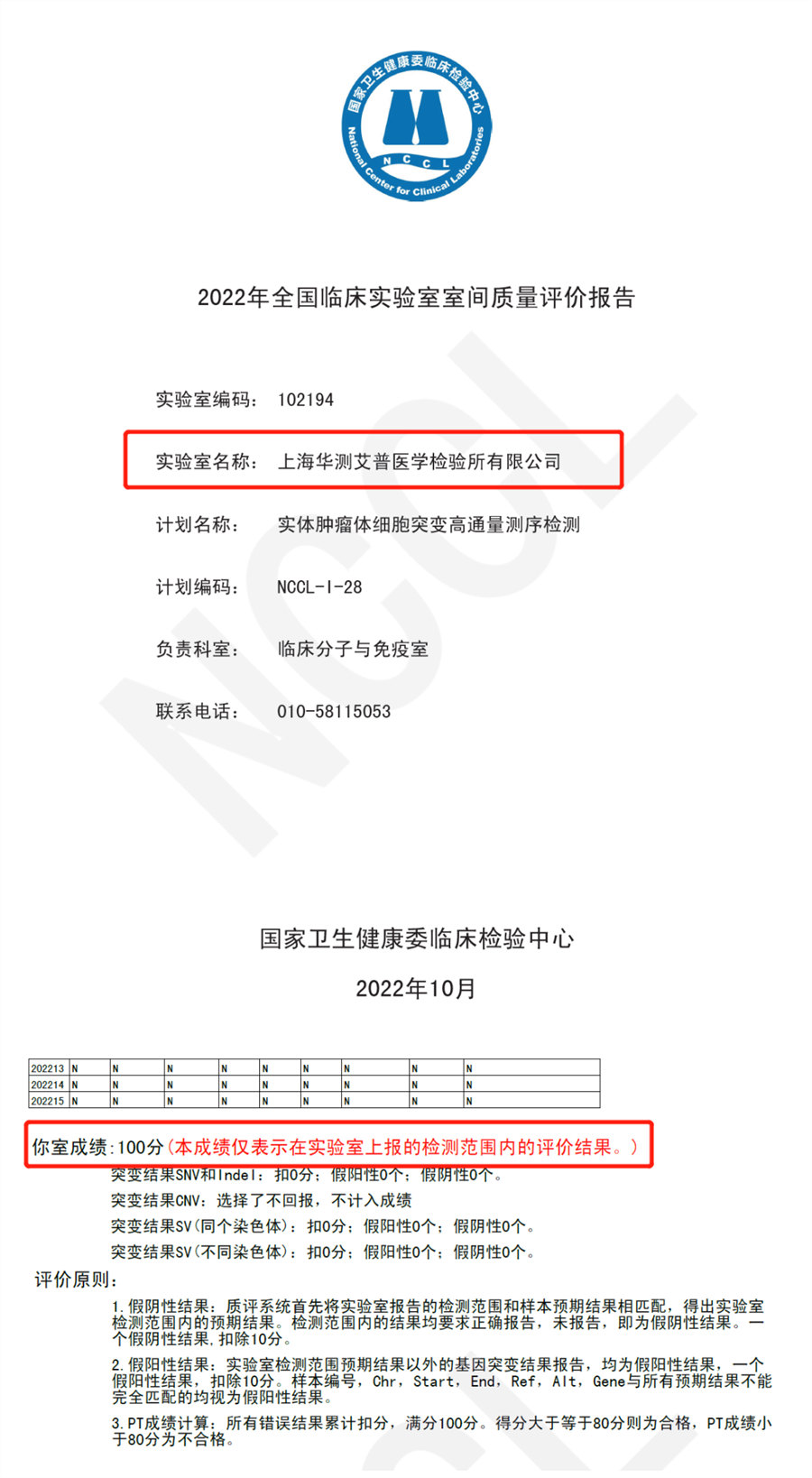 华测艾普医学实验室全国实体瘤体细胞突变高通量测序室间质评