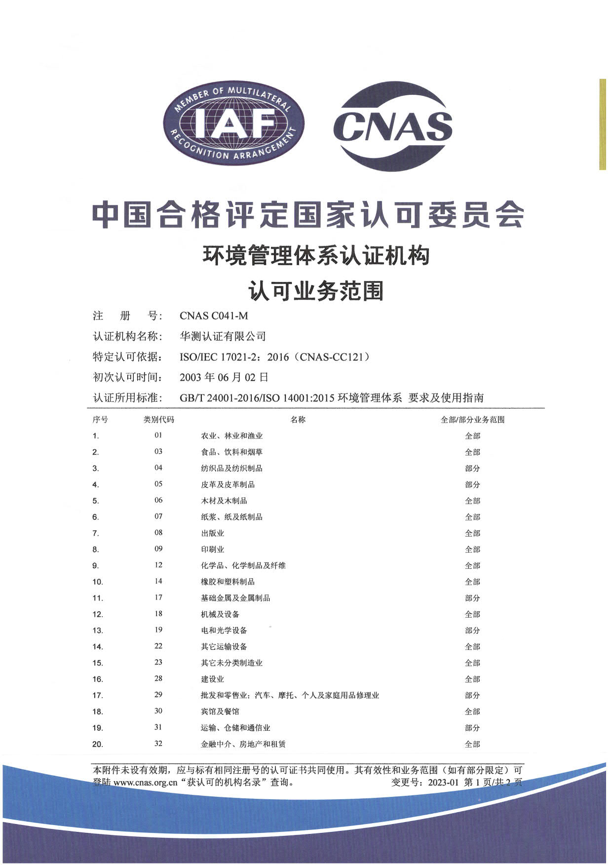 ISO 14001环境管理体系认可证书-中文1