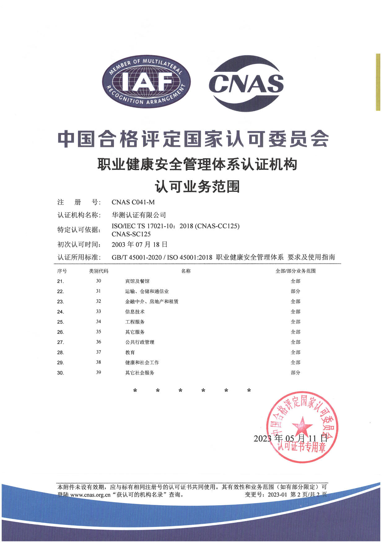 ISO 45001职业健康安全管理体系认可证书-中文2