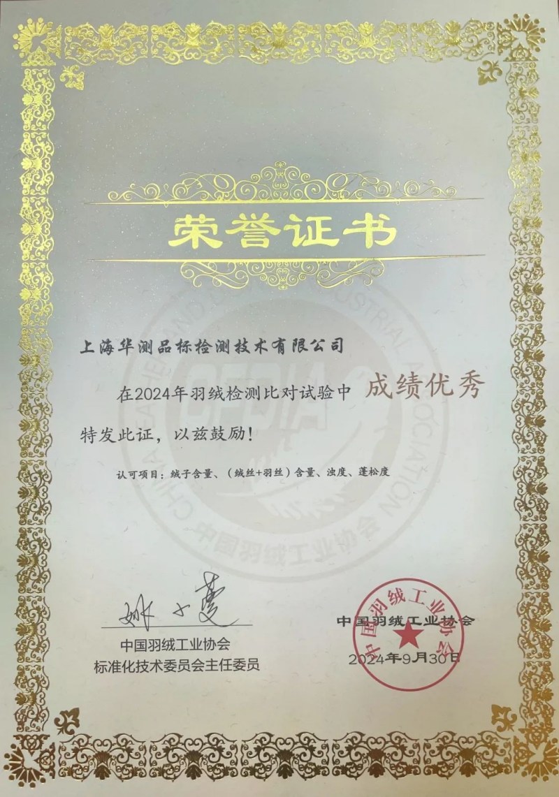 中国羽绒工业协会羽绒检测比对试验优秀结果实验室