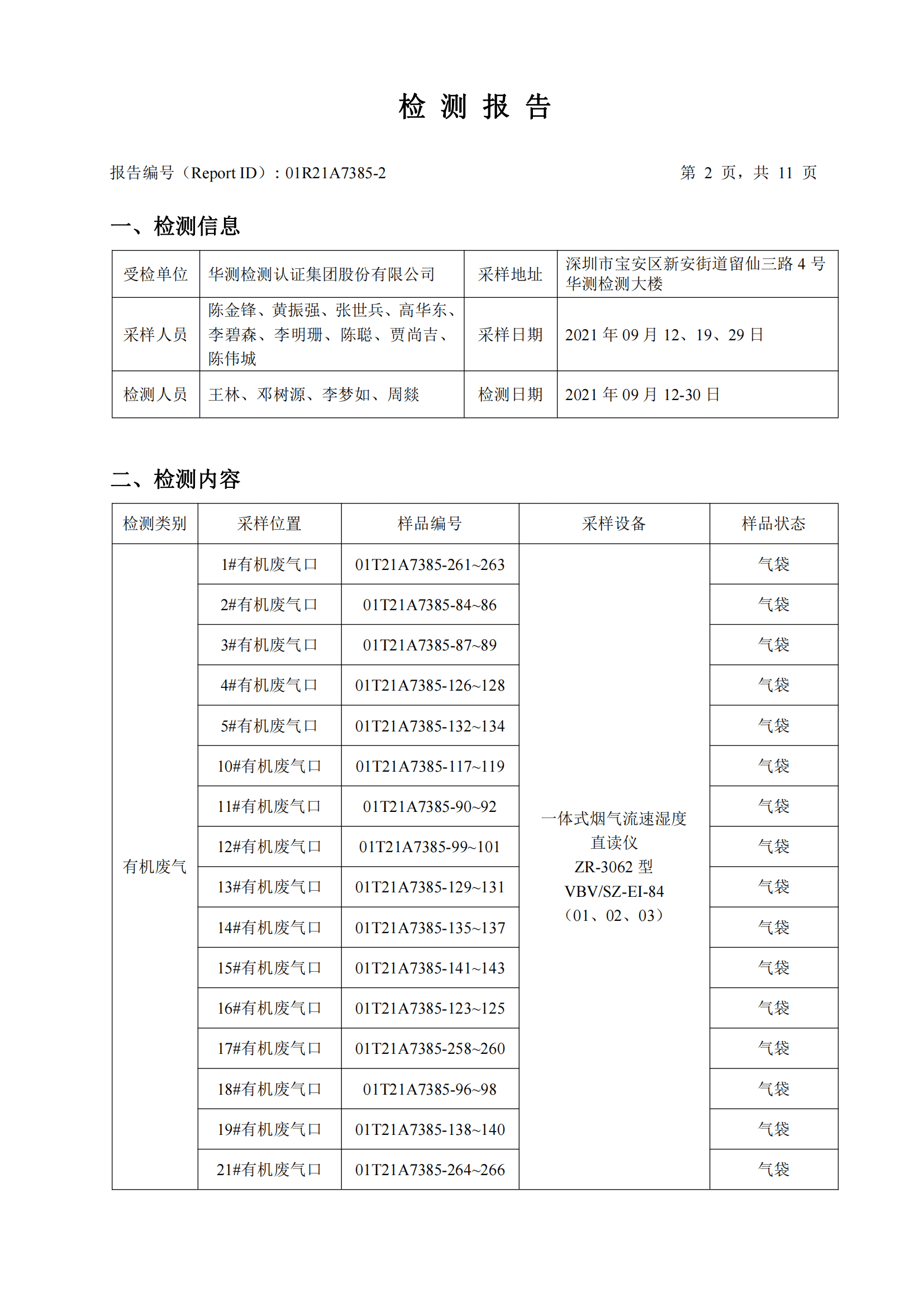 华测检测认证集团股份有限公司有机废气、无机废气检测报告